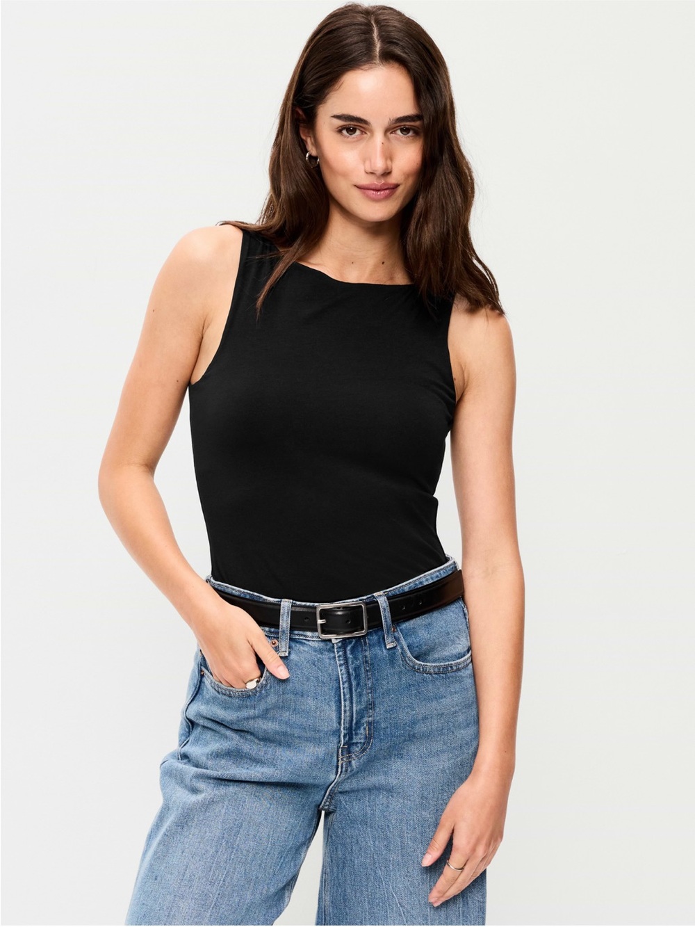 Boat Neck Black Sleeveless Women's Tank Top